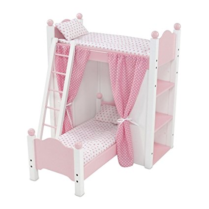 18 Inch Doll Furniture | White Loft Bunk Bed with Shelving Units and Angled Single Bed, Includes Ladder, Lovely Pink and White Polka Dot Bedding and Coordinating Curtains | Fits American Girl Dolls
