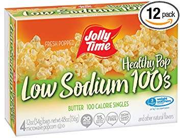 Jolly Time Low Sodium Healthy Pop Butter - 100 Calorie Microwave Popcorn Mini Bags, 4-Count Boxes, 4.8 oz, (Pack of 12)