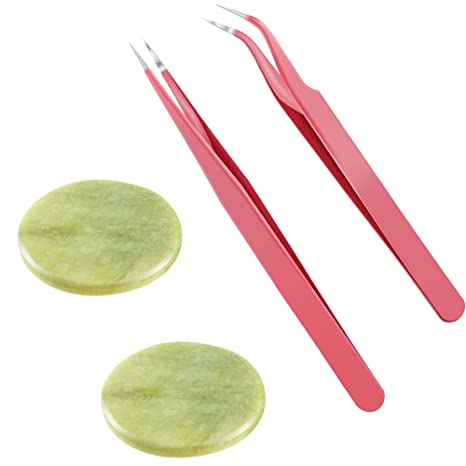 2 Pieces Jade Stone Eyelash Extensions Round Jade Stone Adhesive Glue Lashes Pallet with 2 Pieces Straight and Curved Tip Tweezers Nipper for False Lash Application Tools (Green)