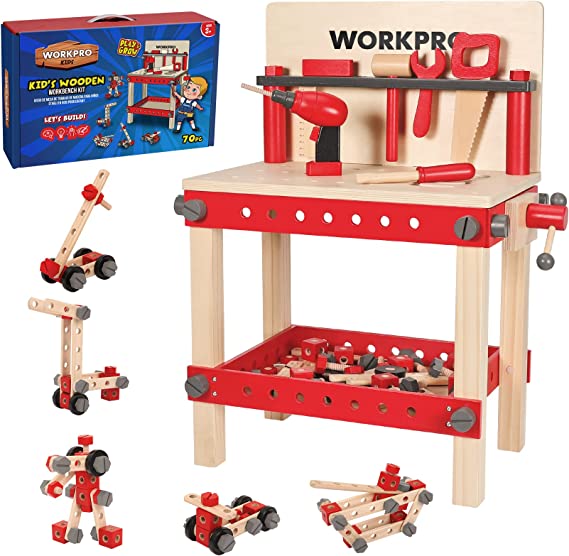 WORKPRO Wooden Workbench Kit Kids Tool Bench, Building Toy Set Creative&Educational Construction Toy, Great Gift for Toddlers 3