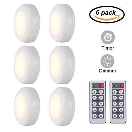 KINDEEP Wireless LED Closet Lights, Dimmable Puck Lights Operated with Remote Control, Kitchen Under Cabinet Lighting, Aisle Tap Night Lamp, Battery Powered, 4000K Natural White - 6 Pack