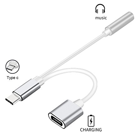 2 in 1 USB-C to 3.5mm Audio Adapter, Sprtjoy 2 in 1 USB Type C Cable Fast Charge to 3.5mm Audio Jack Headphone Adapter Converter Supports Audio and Charging for Motorola Moto Z, Letv Le Pro 3(Silver)