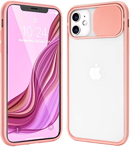 Ownest Compatible with iPhone 11 Clear Frosted Case,with Slide Camera Cover Protection Design,Slim and Lightweight Anti-Yellow Case for iPhone 11-Pink