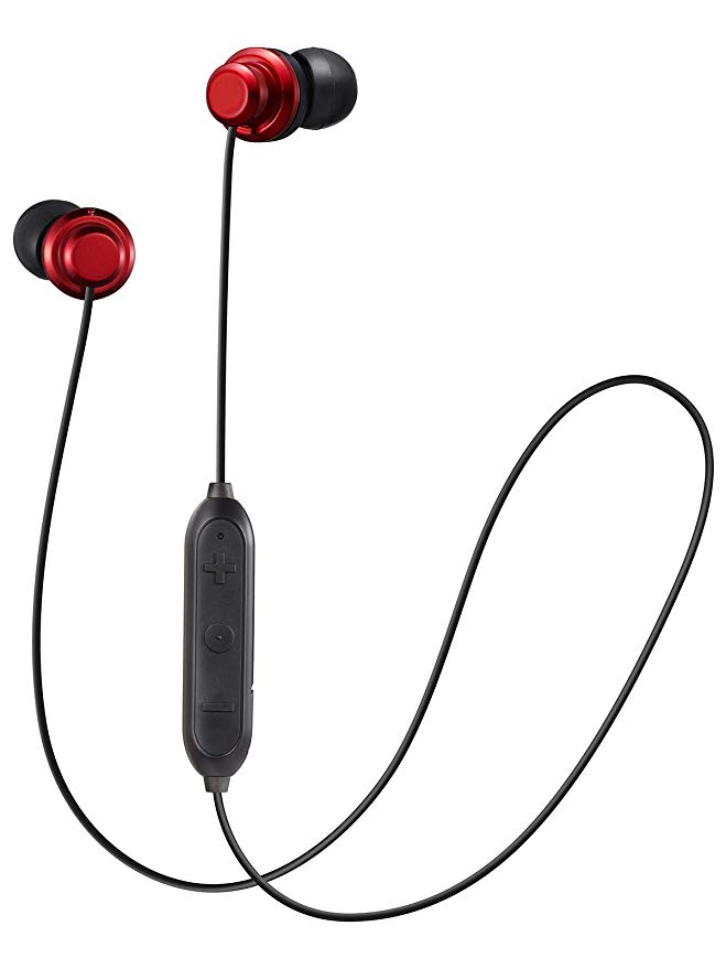 JVC Wireless Earbud Headphones, Sweat Proof, 5 Hours Long Battery Life, Secure and Comfort Fit with 3 Button Remote - HAFY8BTR (Red)