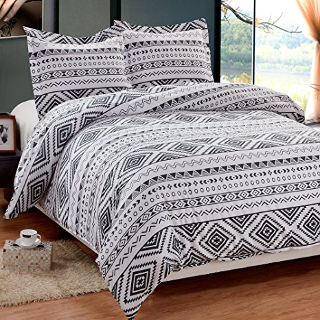 NTBAY 3 Pieces Reversible Printed Microfiber Duvet Cover Set with Hidden Button(Queen,White and Black)