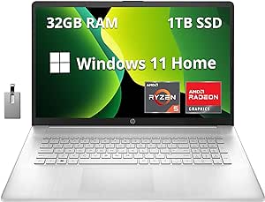 HP 17.3" HD  Business Laptop, AMD Ryzen 5 5625U Processor, 32GB RAM, 1TB PCIe SSD, Fingerprint Reader, 720p HD Camera, Wi-Fi, HDMI, Win 11 Home, Silver, 32GB Hotface USB Card (Renewed)