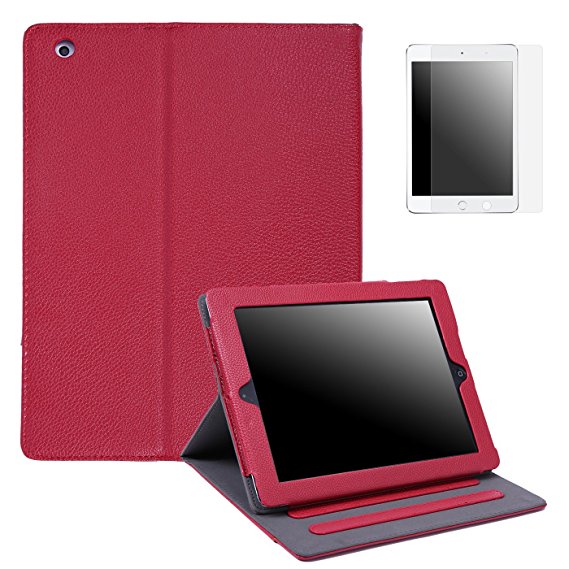 HDE iPad 2 3 4 Leather Case with Screen Protector - Professional Folio Cover with Smart Magnetic Closure, Multiple Viewing Angles and Document Pocket for Apple iPad 2nd 3rd 4th Generation (Wine Red)