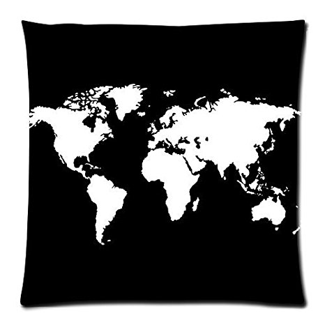 Home Decor Personalized White world map On Black Zippered Throw Pillow Cover Cushion Case 18x18 (one side)