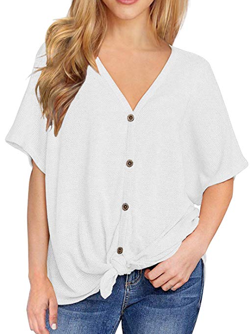 Viishow Womens Waffle Knit Tunic Blouse Short Sleeve V Neck Button Down T Shirts Casual Tie Front Knot Henley Tops