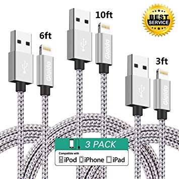 iPhone Charger Cord,3Pcs 3ft 6ft 10ft Glaida Lightning Cable,Nylon Braided iphone Cable,High Speed Charging USB Cable Cord for iPhone7 Plus/7/6s Plus/6s/6 Plus/6/5s/5c/5/SE,iPad Air/Mini(Gray Silver)