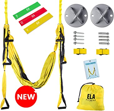 ELA Design Yoga Swing - Yoga Trapeze Home Workout Kit - Yoga Hammock with 3 Resistance Bands (with Ceiling Mounts)