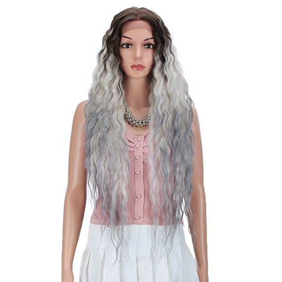 Joedir Lace Front Wigs 30'' Long Wavy Synthetic Wigs For Black Women 130% Density Ombre Black to Gray Wigs with Baby Hair(ST4/GREY/1001B)