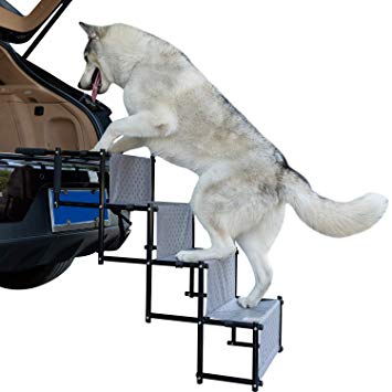 YEPHHO Pet Dog Car Step Stairs,Metal Frame Folding Dog Ramp for Car,Lightweight Portable Auto Large Dog Ladder, Great for Cars, Trucks and SUVs Cargo and High Bed Couch (Upgraded 4-Steps, Gray)