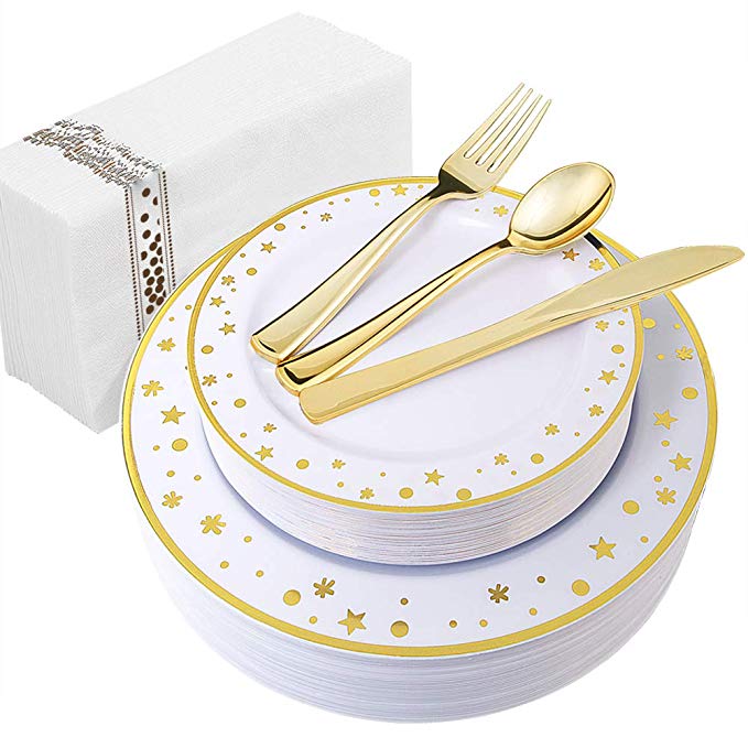 WDF 25Guest Gold Plastic Plates with Disposable Plastic Silverware&Hand Napkins- Star Dot 25 Dinner Plates,25 Salad Plates,25 Forks, 25 Knives, 25 Spoons,25 Disposable Napkins