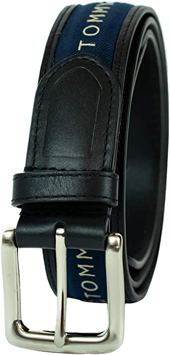 Tommy Hilfiger Men's Ribbon Inlay Belt - Ribbon Fabric Design with Single Prong Buckle