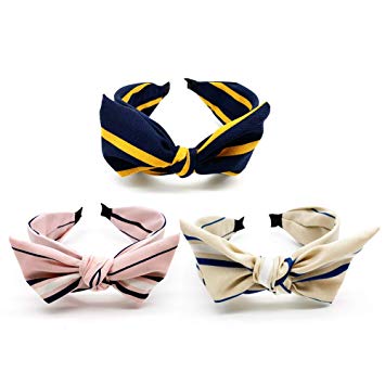 3 Pack Women's Headbands, Yofa Stripe Headwraps Fashion Bow Accessories Stretchy Hairbands, Two Fabric Materials