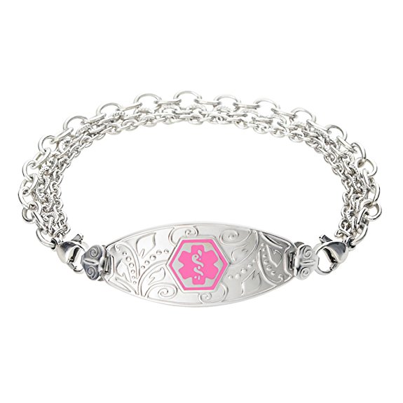 Divoti Custom Engraved Lovely Filigree Medical ID Tri-Strand Stainless Chain Bracelet-Pink