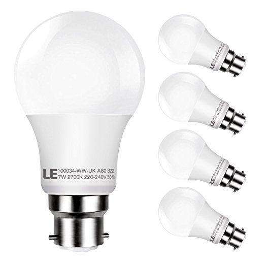 LE 5 Pack B22 LED Bulbs 7W, 40W Incandescent Bulbs Equivalent, 490lm, Warm White, 2700K, 240° Flood Beam, Bayonet A60 Light Bulbs