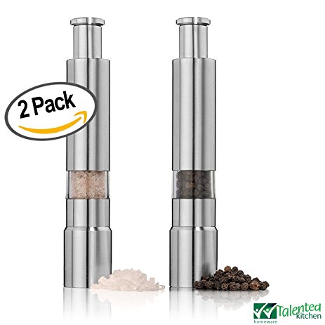 Set of 2 Mini Salt & Pepper Mill Grinder. Heavy Duty Brushed Stainless Steel. Amazing for All Kinds of Spices & Gourmet Table Seasoning (Black Peppercorns, Himalayan Salt, Red Pepper Flakes & More (2)