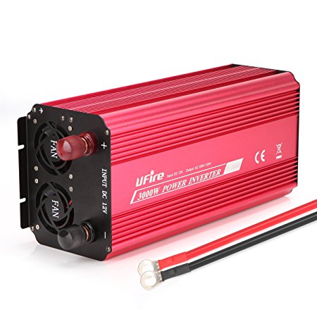 UFire 3000W Power Inverter DC 12V To 110V AC Car Converter With Dual AC Outlets 2A USB Port Car Adapter -Red