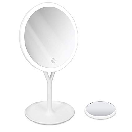 Navaris LED Lighted Makeup Mirror - Touch Screen Magnifying Cosmetic Mirror with Normal Magnification and Small 5x Magnification Hand Mirror - White