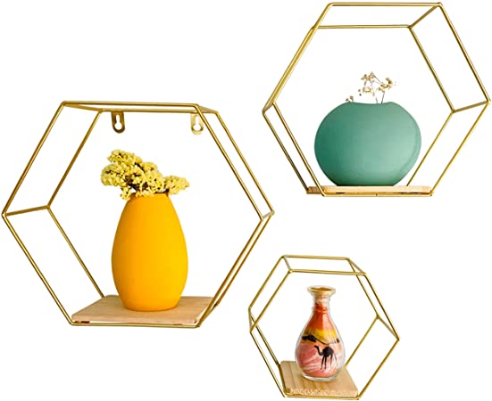 Wall Mounted Floating Hexagon Shelves, Metal Framed Gold Shelves with Wood Based in Modern Chic Style, for Wall Storage & Display in Living Room Or Bedroom, Set of 3 Size (Large, Medium & Small)