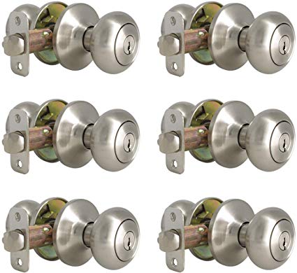 (Keyed Alike) Interior Keyed Door Knobs Security Single Cylinder Locksets Satin Nickel Knobs for Bedroom Bathroom Office, Stainless Steel Entry Door Knobs,Same Keys for All Locks(6 Pack)