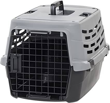 IRIS USA 23" Small Pet Travel Carrier with Front and Top Access, Hard-Sided Training Crate for 18 Lbs. Pet Cat Small-Sized Dog with Left or Right Opening Top Door, Black/Gray