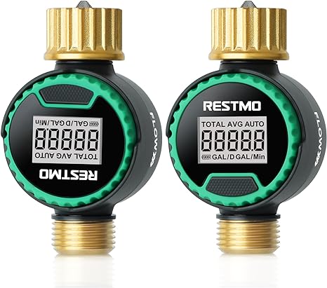 [2 Pack] RESTMO Water Flow Meter with 360° Rotatable Control Panel, Brass Inlet & Outlet, Measure Gallon/Liter Consumption and Flow Rate for Hose Nozzle Watering, RV Water Tank Filling, Lawn Sprinkler