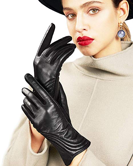 PAGE ONE Womens Winter Leather Gloves Soft Warm Texting Touchscreen Cold Weather Driving Gloves