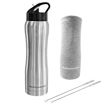 Hydracentials Stainless Steel Vacuum Insulated Water Bottle With Straw- 25 oz- Includes Custom Water Bottle Cover And 2 Straw Cleaners
