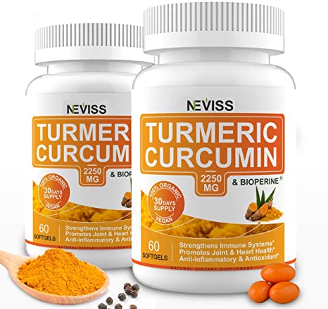 (2 Pack) Turmeric Curcumin Softgel Capsules for Joint Inflammation, Turmeric Capsules 2250MG with Bioperine (Black Pepper Extract) for Better Absorption - 120 Cts