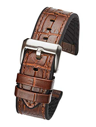 Genuine Alligator Grain Leather Watch Band with Silicone Lining - Brown - 20mm, 22mm, 24mm