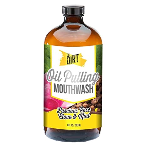 The Dirt Oil Pulling Antibacterial Mouthwash | Gluten Free, All Natural, Dental Tonic with Essential Oils for Bad Breath, Alcohol Free, Non GMO | Luscious Rose Clove and Mint 8oz