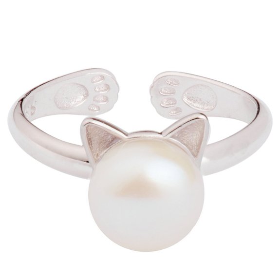 S.Leaf Silver Cat Ear Ring Fresh Water Pearl Cat Ring S925 Sterling Silver Open Ring