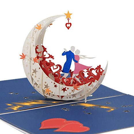3D Pop Up Happy Anniversary Card- A Dance on Moon Boat To The Edge Of The World (large size) - Anniversary Gifts for Her, Happy Birthday Card for Wife, Miss You Card, Valentines Day Card(White)