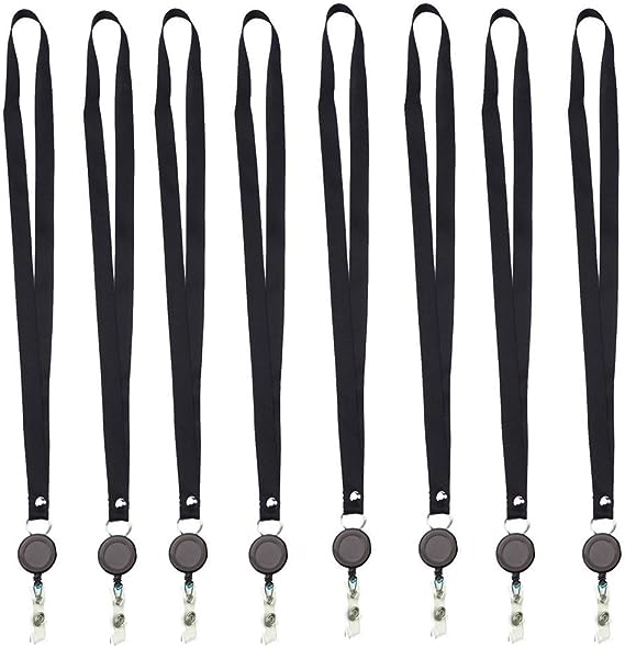 Honbay 8 Pieces Translucent Retractable Badge Holder Reel Key Chain Reel with Lanyard Neck Strap for Key Cards and ID Cards Black