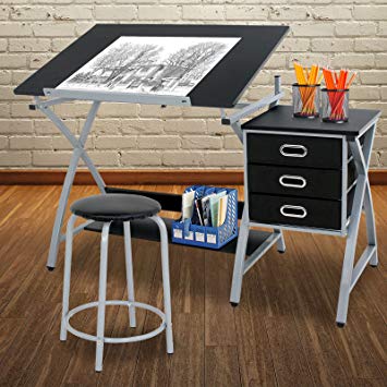 ZENY Adjustable Drafting Table Art & Craft Drawing Desk Rolling Art Hobby Folding w/Stool