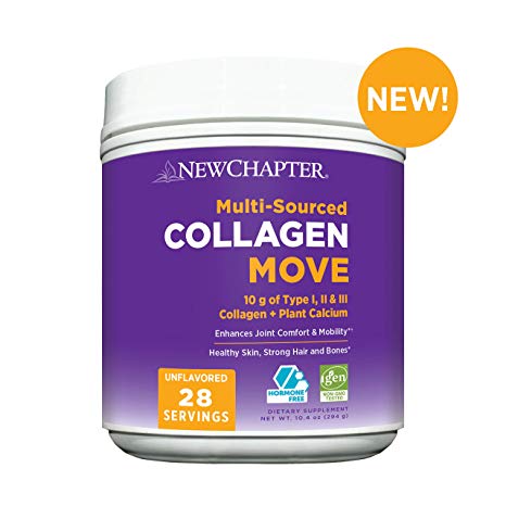 Collagen Powder, New Chapter Collagen Move, 10g Collagen Peptides (Types I, Ii, Iii), Unflavored, 28 Servings, Multi Sourced, Plant Calcium for Bone & Joint Support, Hormone Free, Gluten Free