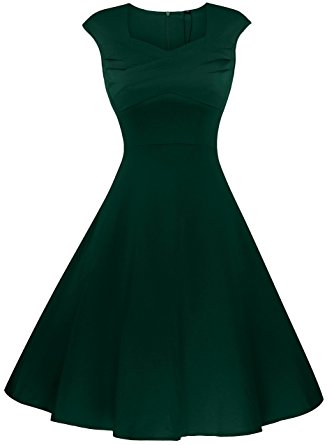 Fancyskin Womens 1950s Vintage Square Neck Cap-Sleeve A-Line Flared Solid Party Swing Dress