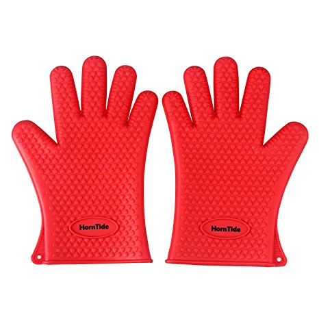 HornTide Heat Resistant Gloves Silicone Oven Mitts Withstand 230°C 446°F Five-Fingered Grip for Baking Cooking Grilling One Size Fits Most (Red)