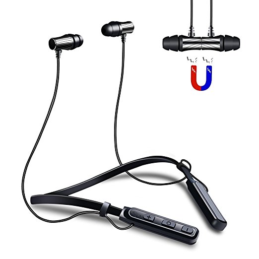 Wireless Lightweight Neckband Bluetooth Headset V4.1 Stereo Earbuds Sports Handsfree Headphone with Microphone Magnet Attraction Compatible for Most Bluetooth Devices (BLACK)