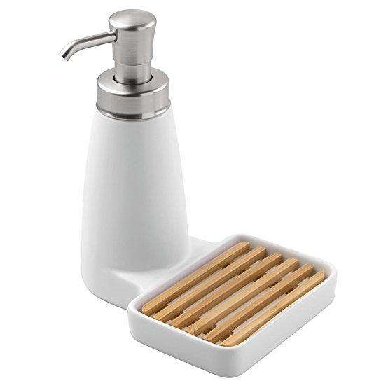 InterDesign Benton Soap Dispenser Pump with Sponge Tray - Kitchen Sink Organizer, White/Natural/Brushed