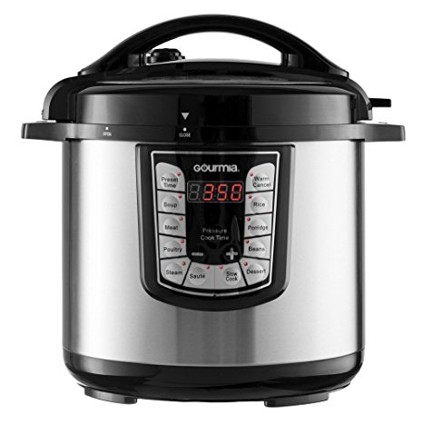 Gourmia GPC800 Smart Pot Electric Digital Multifunction Pressure Cooker with 13 Programmable Cooking Modes, 8 quart Stainless Steel with Steam Rack, 1200W, Silver Free Recipe Book Included