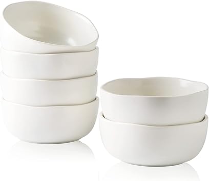 AmorArc Stoneware Cereal Bowls for Kitchen, 28oz Large Ceramic Soup Bowls Set of 6 for Meal, Chip-Resistant Kitchen Bowls with Wavy Rim, Reactive Glaze-Matte White