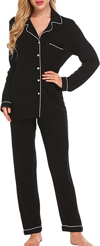 Ekouaer Women's Comfortable Sleepwear Long Sleeve Two Piece Pajama Set (Black,Large)