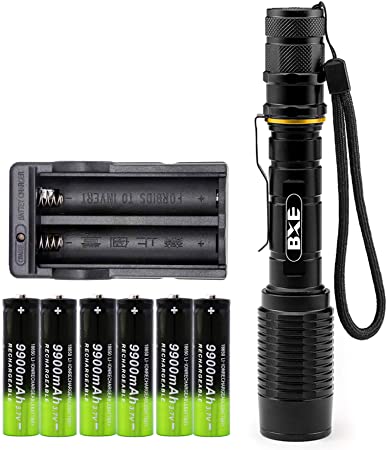 LED 3000 Lumen Handheld 18650 Flashlight, Electric Torch,Adjustable Focus,5 Modes, Ultra Bright with 6PCS 3.7V 1500mAh Rechargeable Battery & Charger