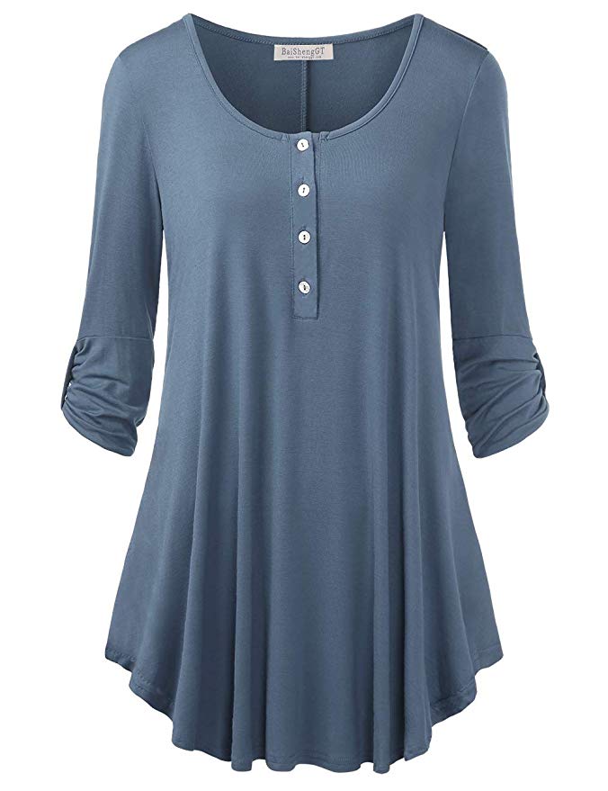 BaiShengGT Casual Shirts for Women, Women's Solid Tunic Shirts 3/4 Sleeve Notch Neck Tunic Top Dusty Blue Small