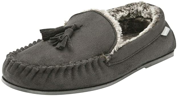 Dunlop Mens Duke Moccasin Slippers Loafers Faux Suede Soft Faux Fur Lining with Outdoor Sole