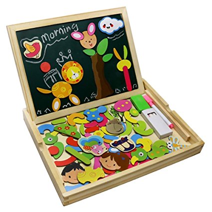 Wooden Educational Toys, Fajiabao Double Side Magnetic Cute Animal Jigsaw Puzzle Drawing Board, Early Learning Games Birthday Gifts for Kids Boys Girls